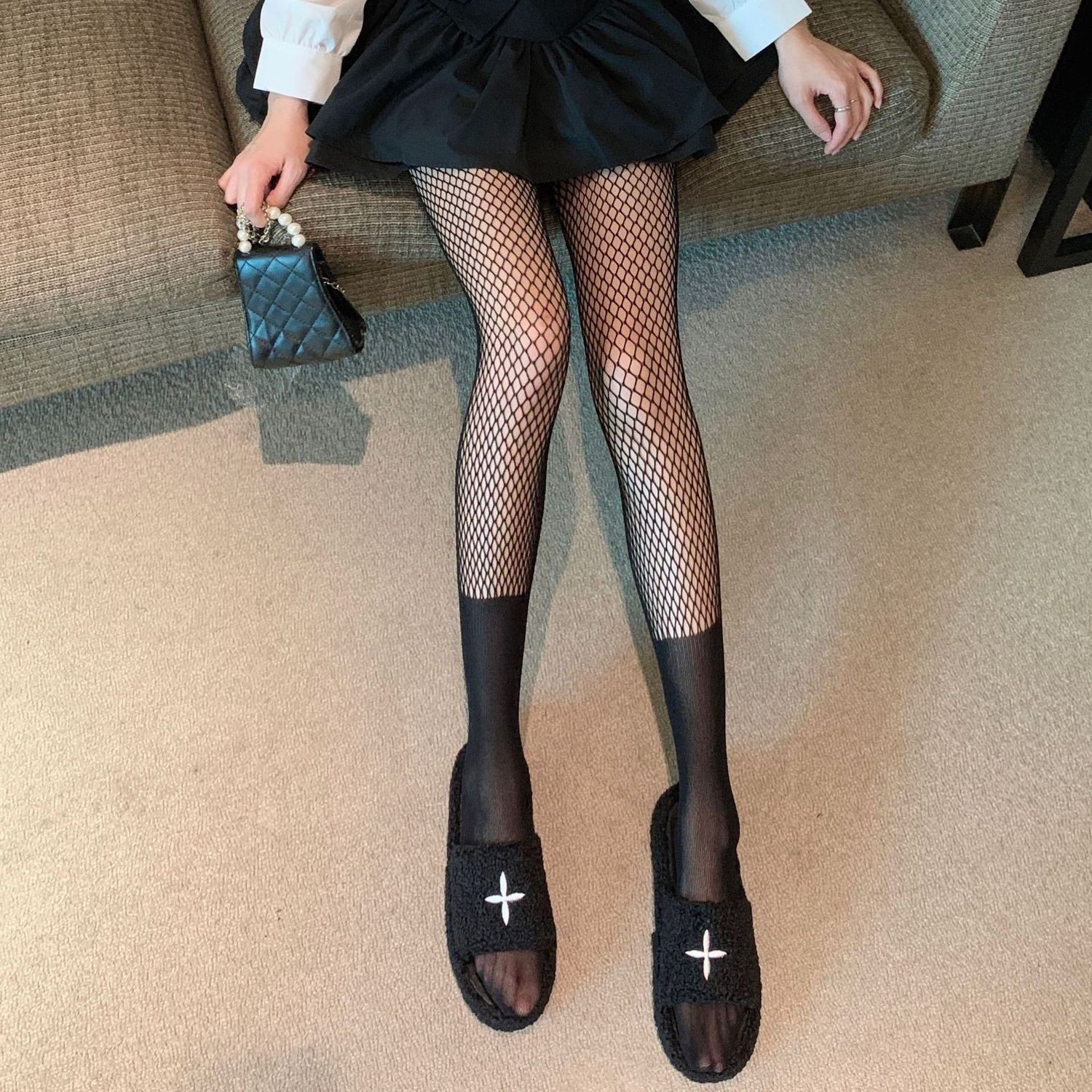 拼接丝袜渔网袜黑丝袜女夏薄款假中筒高筒大腿破洞密纹吊带连裤袜