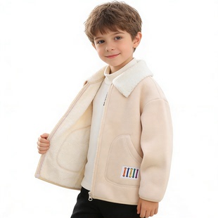 男童加绒外套秋冬装新款一体绒加厚加绒翻领上衣中大童羊羔绒外套