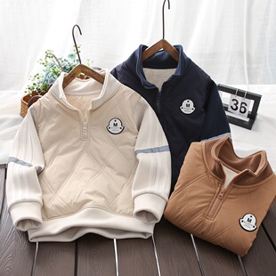 男童加厚卫衣冬装儿童半拉链羊毛蚕丝夹棉上衣中大童保暖夹棉卫衣