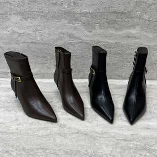 欧洲站女鞋2025秋季新欧货胎牛皮细跟尖头皮带扣侧拉链高跟鞋短靴