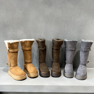 先锋名典女鞋2025冬季新款厚底皮带扣加绒羊毛保暖中筒靴雪地靴女