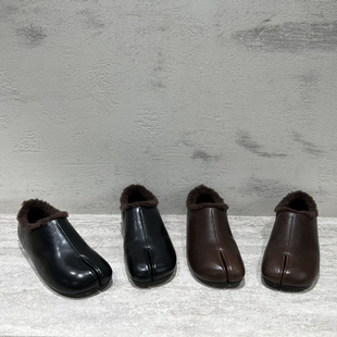 先锋名典女鞋2025冬季新款真皮羊毛加绒保暖平底一脚蹬分趾乐福鞋