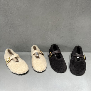 欧洲站先锋名典女鞋2025冬季新平底一字扣带毛毛鞋玛丽珍鞋豆豆鞋