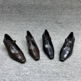欧洲站女鞋2025秋新款真皮油蜡牛皮松紧带方头细跟浅口单鞋高跟鞋