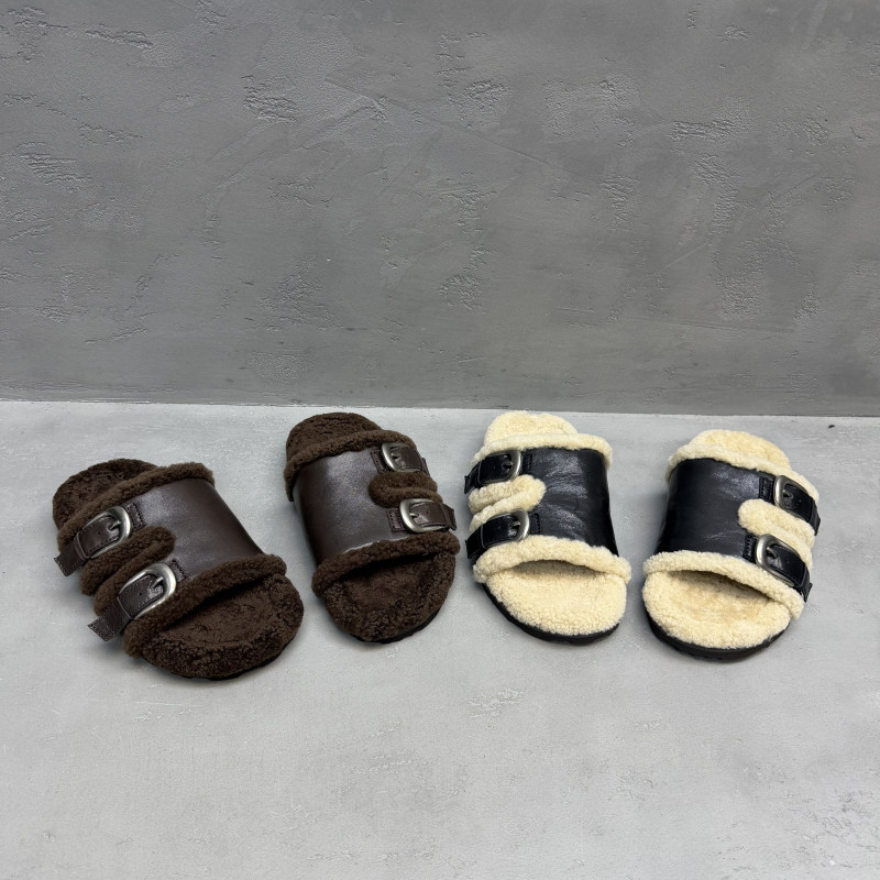 欧洲站真皮羊羔毛平底露趾女拖鞋