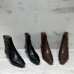 先锋名典女鞋2025秋季新款欧货真皮方头粗跟后拉链时装靴时尚短靴