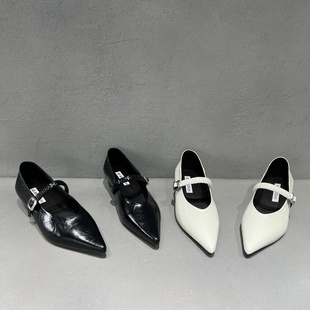 欧洲站女鞋2026春新款欧货真皮粗跟尖头浅口玛丽珍鞋一字扣带单鞋