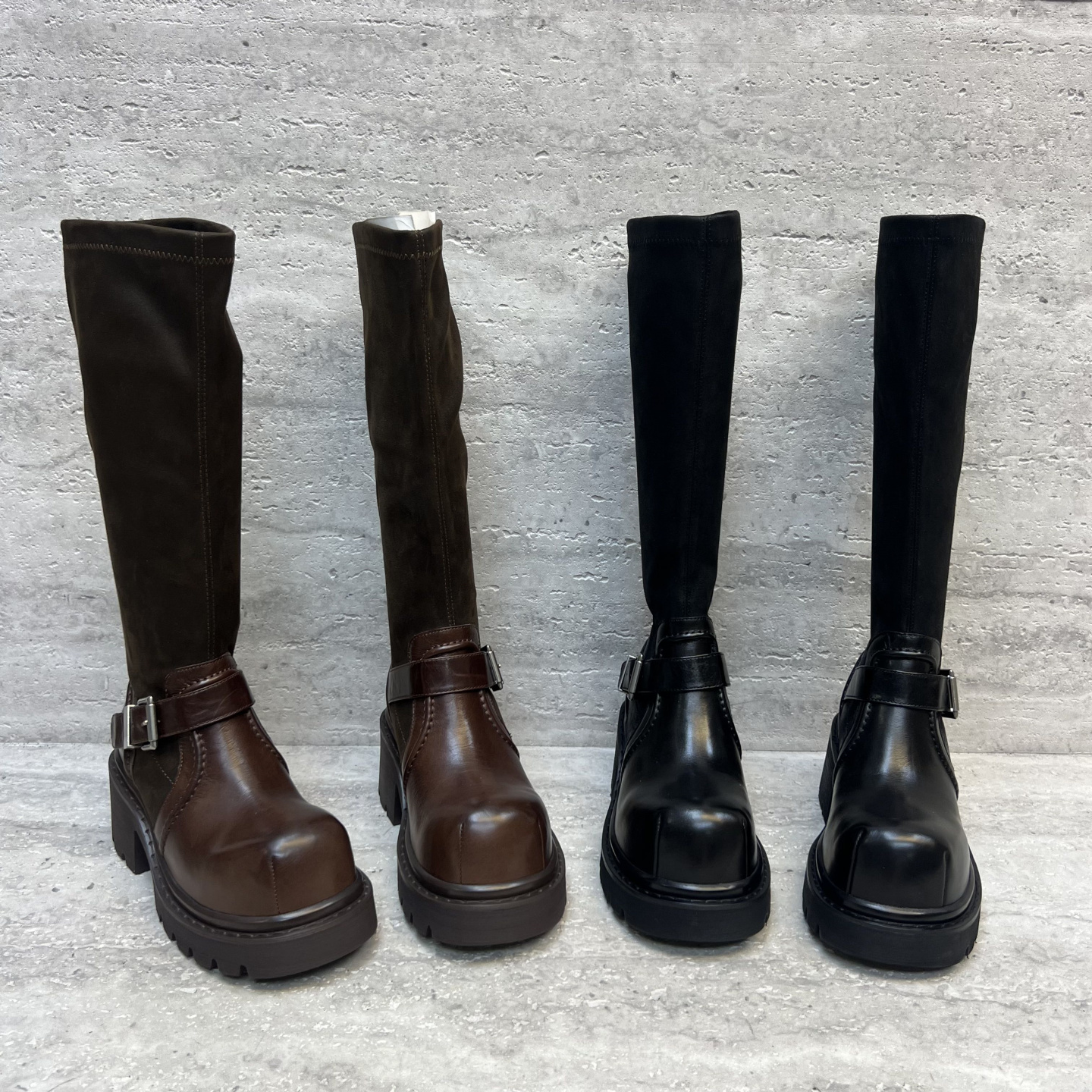 弹力布粗跟皮带扣套筒骑士靴长靴