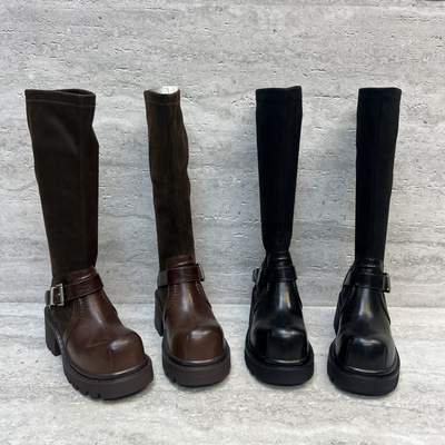 弹力布粗跟皮带扣套筒骑士靴长靴