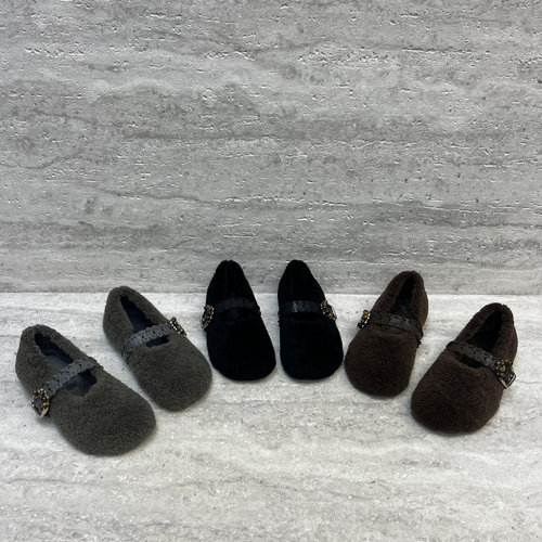 加绒保暖皮带扣平底玛丽珍鞋棉鞋