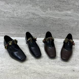 欧洲站2026春季新款欧货真皮女鞋粗跟方头一字扣牛皮串珠浅口单鞋