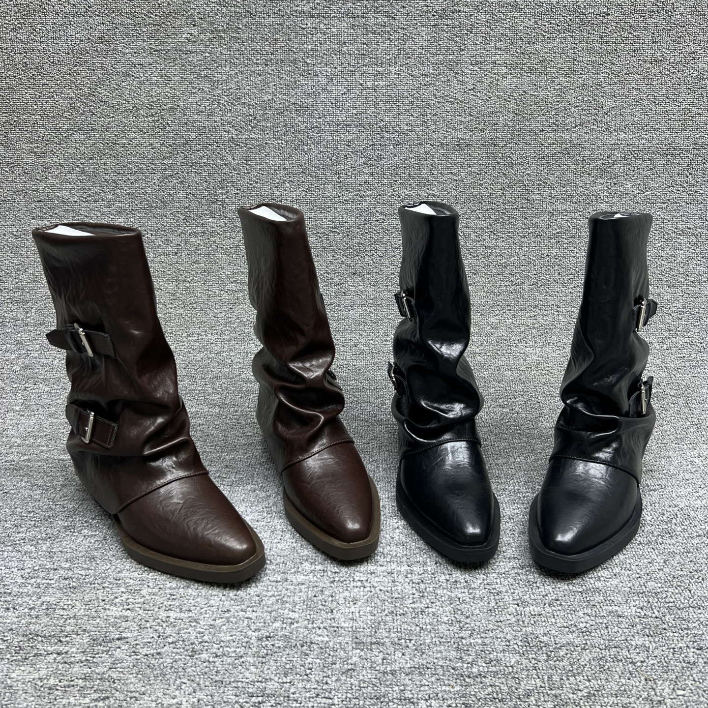 尖头粗跟套筒皮带扣英伦中筒靴女