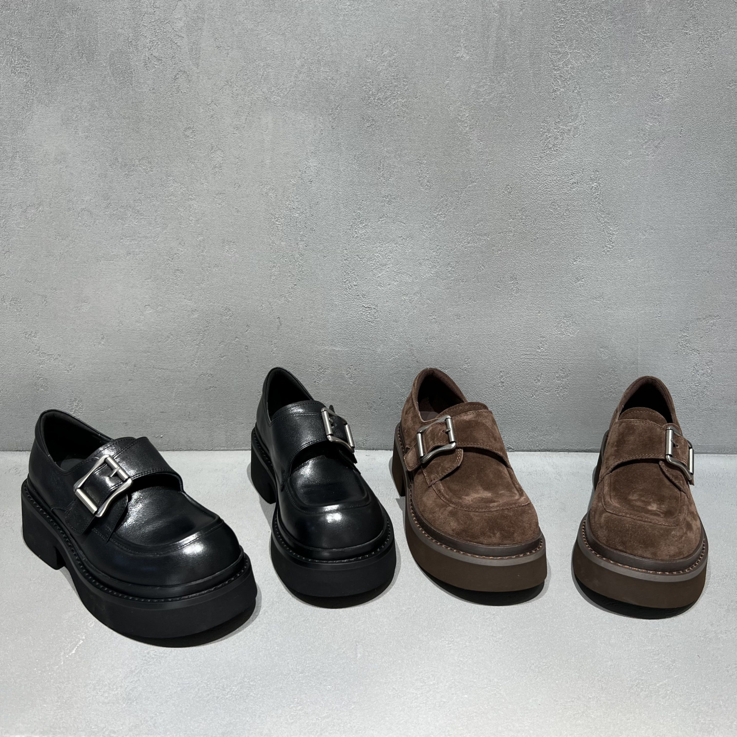 欧货真皮魔术贴厚底英伦风乐福鞋