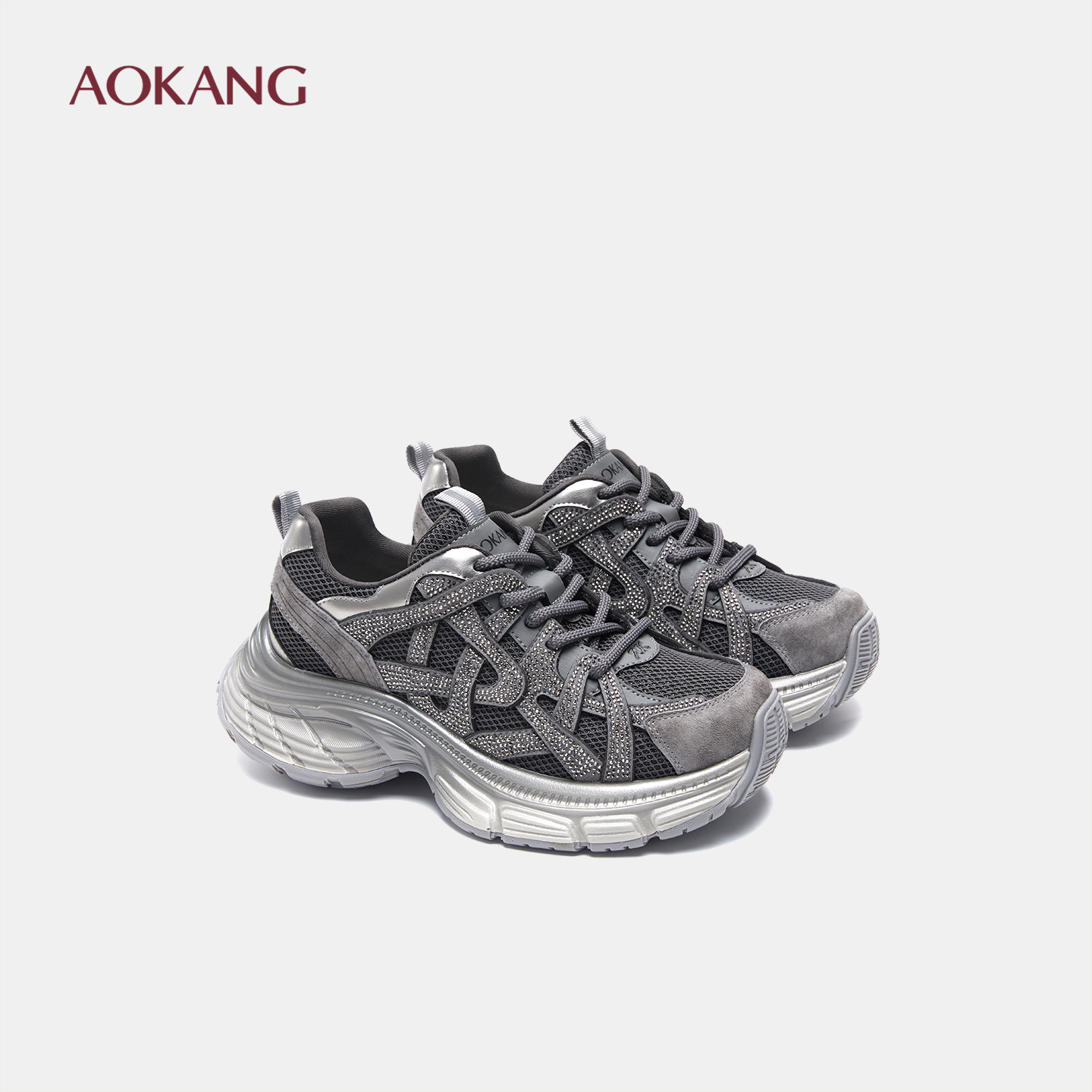 奥康 女鞋2025秋季新款水钻老爹鞋女厚底百搭休闲运动鞋门店发货