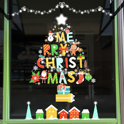 圣诞树雪景橱窗玻璃静电英文五星
