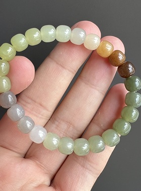 天然精品多宝和田玉老型珠手链 8*7mm 玉石手串饰品礼物