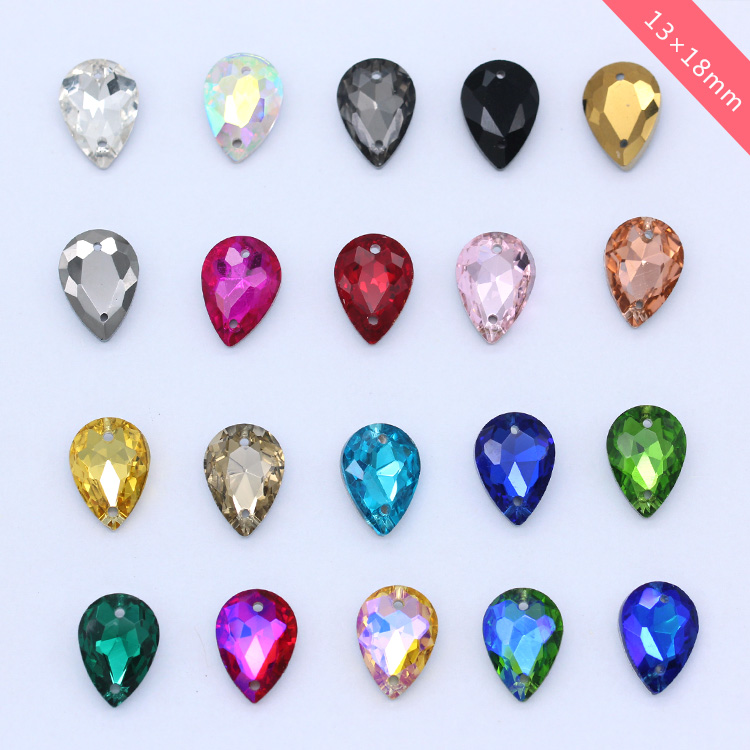 手工装饰玻璃钻衣服手缝钻双孔水钻彩色水晶锆石13*18mm28颗