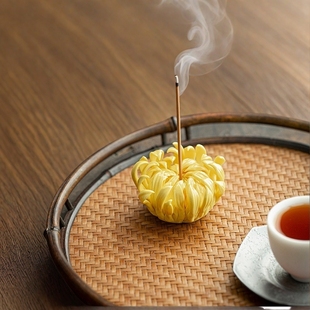 创意菊花彩釉香插手工陶瓷金菊香托底座香道线香中式 家用线香底盘