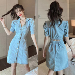Real shot new style bubble sleeve Hong Kong Style Sexy back open waist single breasted close waist denim dress
