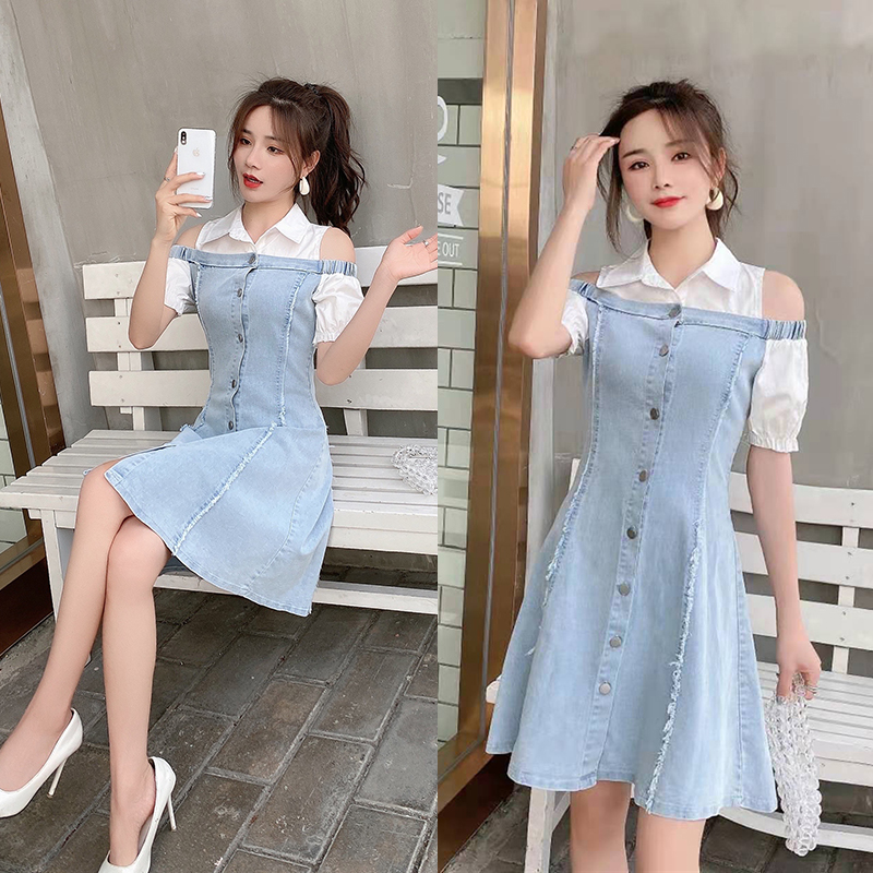 Real shot new short sleeve versatile off shoulder shirt collar stitching single breasted close waist denim dress