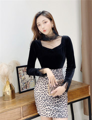 Real shot new sexy Korean version thin velvet color matching dress Leopard Print Base dress