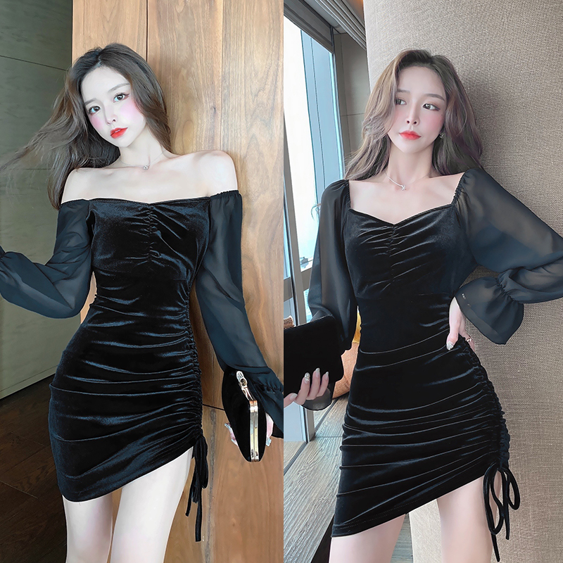 Real shot sexy velvet Gangfeng nightclub women's Chiffon stitching pleated skirt bottom buttock dress