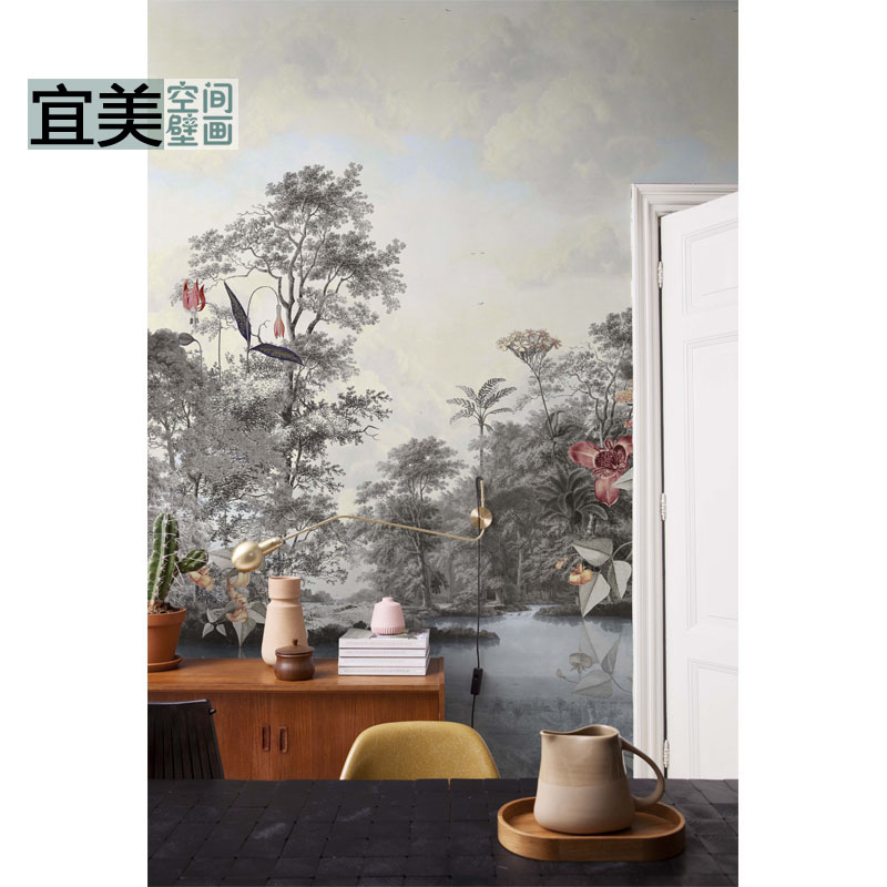美式轻奢无缝森系客厅壁画