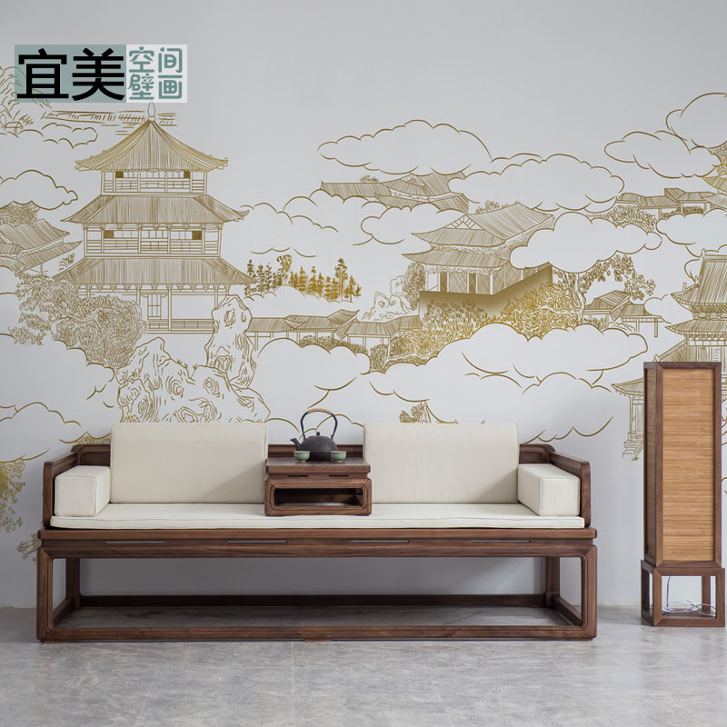 中式楼阁装饰墙布酒店吧台壁纸电视背景墙纸创意整张无缝定制壁画图片