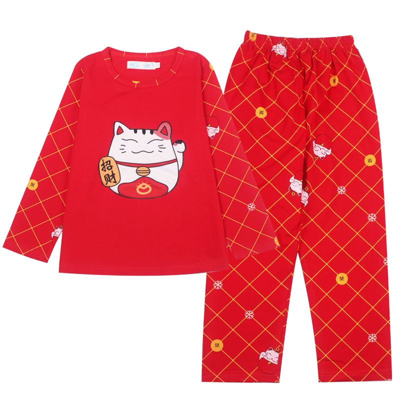 亲子睡衣春秋季长袖纯棉红色喜庆过年一家三口男女儿童家居服套装
