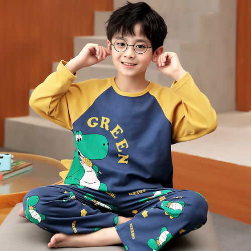 男童纯棉睡衣家居服卡通春秋恐龙