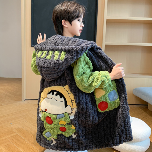 法兰绒男孩加厚珊瑚绒睡袍家居服套装 2025新款 儿童睡衣男童秋冬季