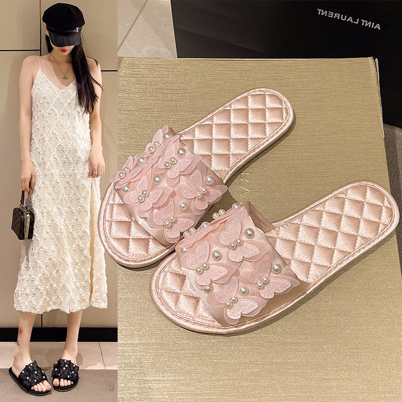 韩版珍珠蝴蝶平底凉拖鞋一字型软底居家拖鞋外穿防滑露趾沙滩拖鞋,女鞋,一字拖,淘宝优惠券,粉丝福利购,淘宝优惠卷