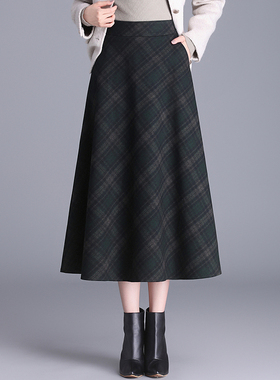 春季2025新款格子毛呢高腰A裙显瘦大摆绿格子半身长裙通勤风0108z