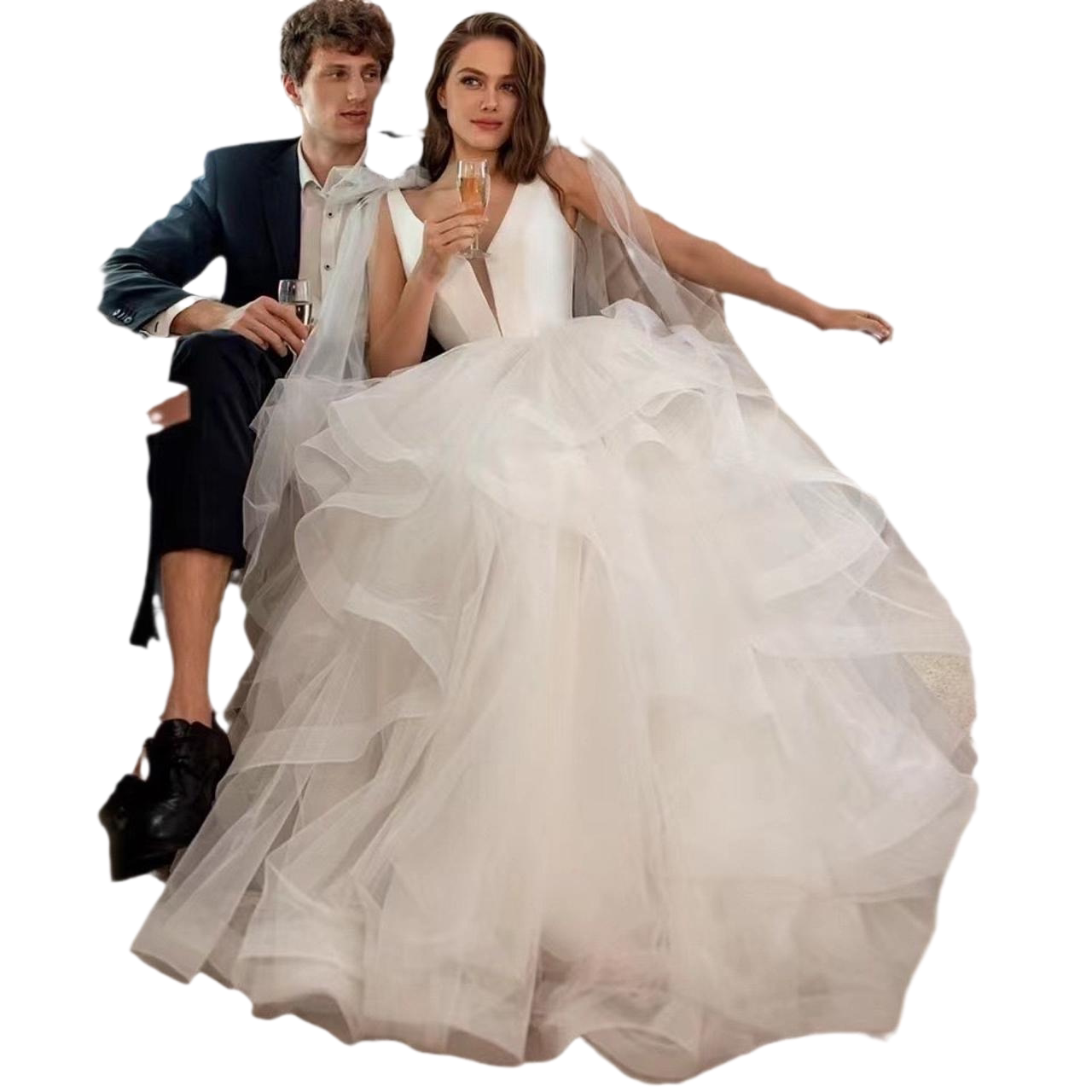 Sexy Deep V-neck Ruffle Wedding Dresses Ball Gown BrideDress