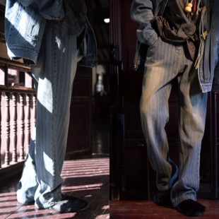 神识麒骥*渌水天光 碧蓝条纹肌理复古水洗做旧微喇牛仔裤三省六部