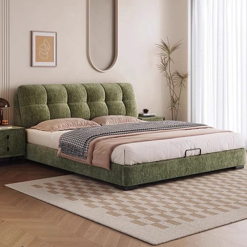 2025新款奶油风雪尼尔绒泡芙布艺床现代简约小户型主卧双人储物床