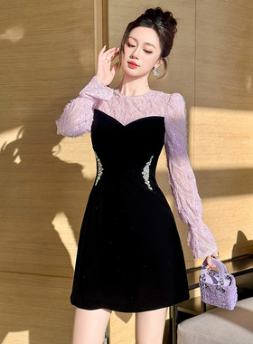 秋冬设计感撞色丝绒连衣裙蕾丝喇叭袖水钻收腰派对小礼服女15584
