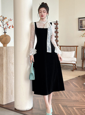 法式丝绒假两件背带连衣裙女冬蕾丝波点收腰显瘦名媛风长裙21925