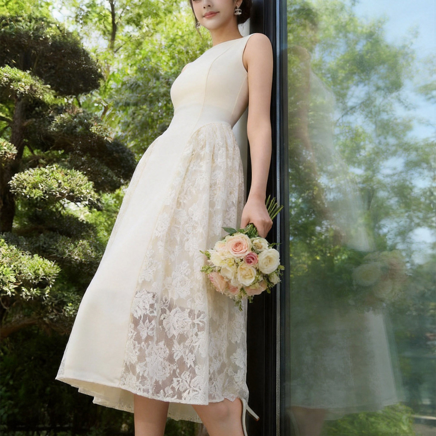 无袖圆领拼接蕾丝连衣裙收腰大摆中长裙轻婚纱领证礼服夏季8085