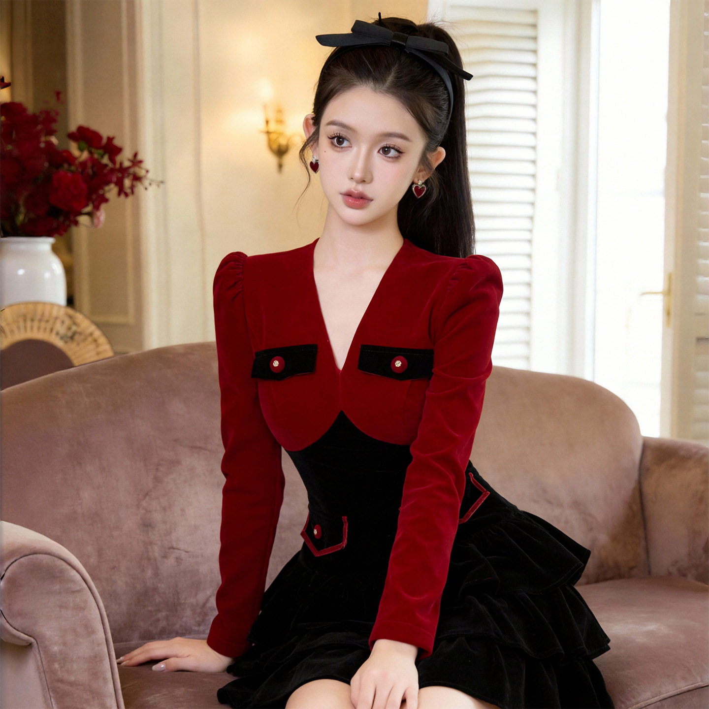 法式复古丝绒礼服裙撞色V领泡泡长袖高腰蛋糕短连衣裙女22034