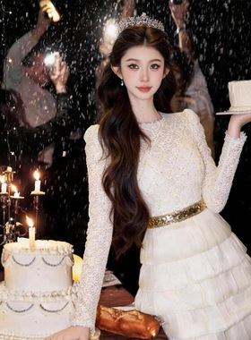 名媛气质收腰蕾丝蓬蓬连衣裙千金风生日礼服裙白色蛋糕裙21982