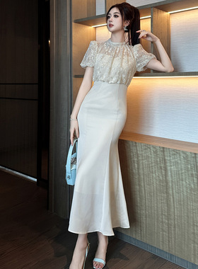 2026夏季新款女装温柔风褶皱蕾丝拼接高腰假两件鱼尾连衣裙11519