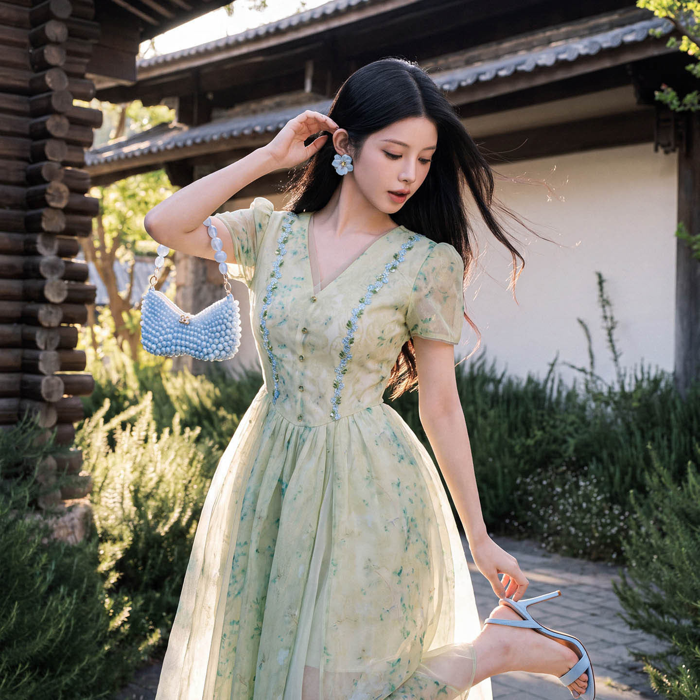 法式清新绿色印花仙女裙立体花边收腰大摆出游连衣裙夏季22218