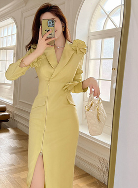 主持人晚礼服女2025秋装新款设计感立体花朵拉链开叉连衣裙50799