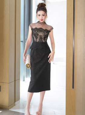 2026夏季新款纯欲风性感女人味透视网纱拼接修身包臀连衣裙21828