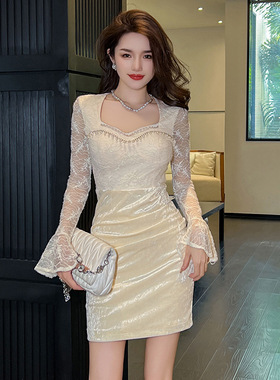 小个子丝绒连衣裙2025秋装新款法式镶钻蕾丝喇叭袖修身裙子21057