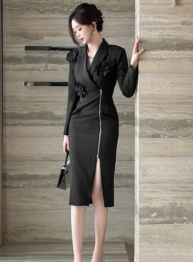 2025秋冬装新款职业女通勤气质立体花朵黑色修身长袖连衣裙50799