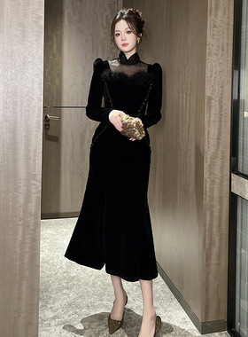 生日礼服裙2025春装新款女法式透视网纱拼接修身丝绒连衣裙45087