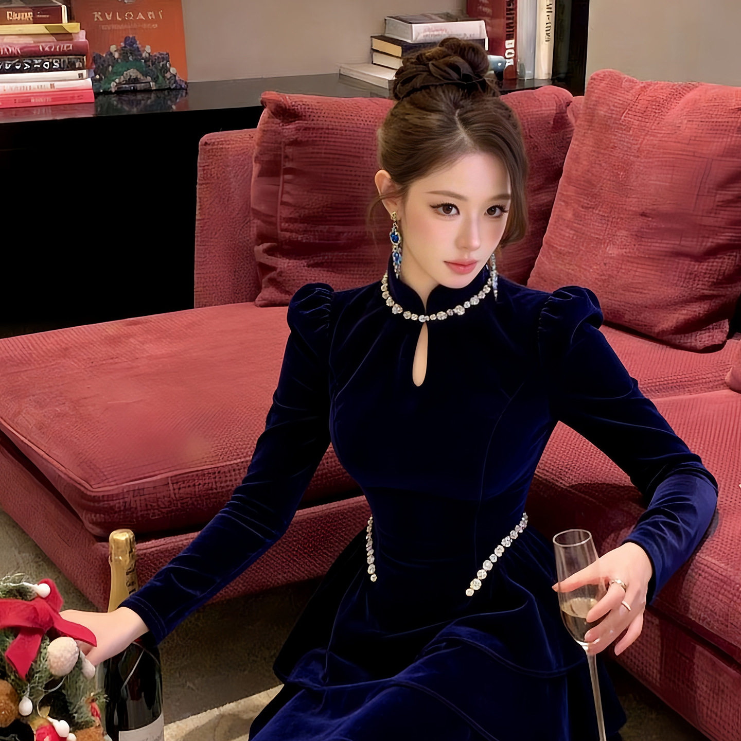 2026春装新款女名媛气质镶钻立领收腰荷叶边蓬蓬丝绒连衣裙45469