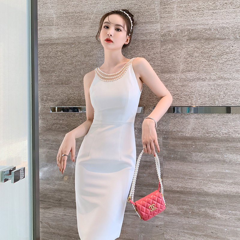 名媛轻熟风礼服裙2025法式气质重工钉珠性感无袖背心连衣裙5032